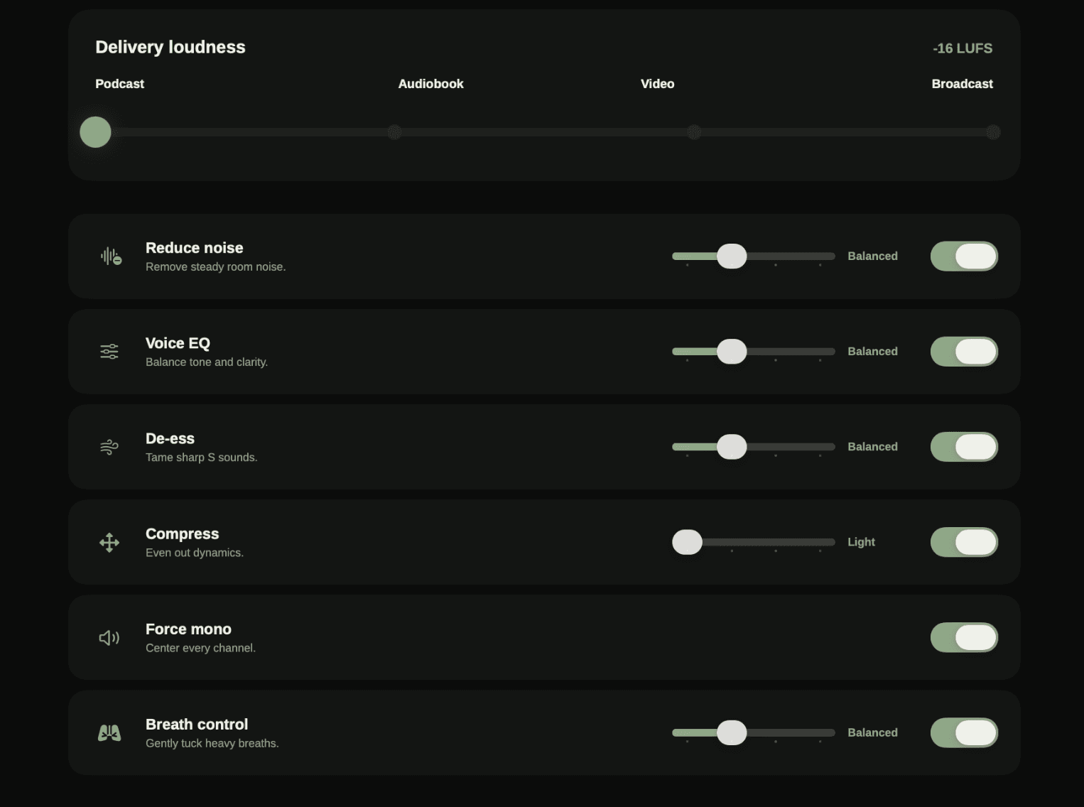 Poeditcal voice polishing controls for loudness, noise, EQ, de-essing, compression, mono, and breath control
