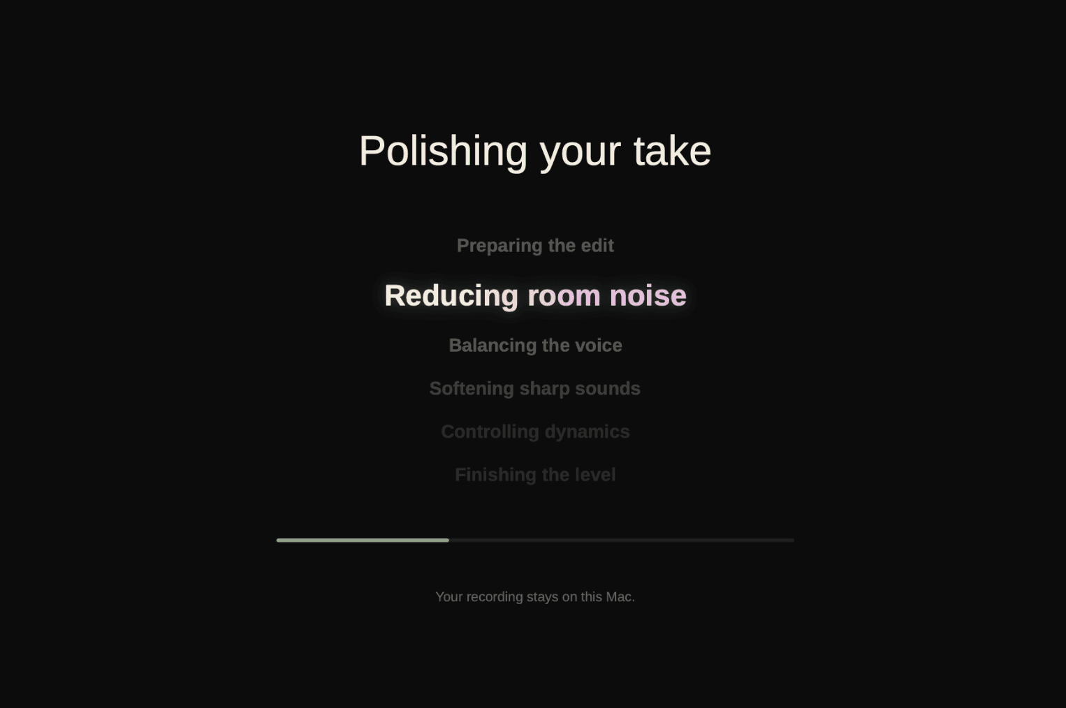 Poeditcal processing a take locally and reducing room noise