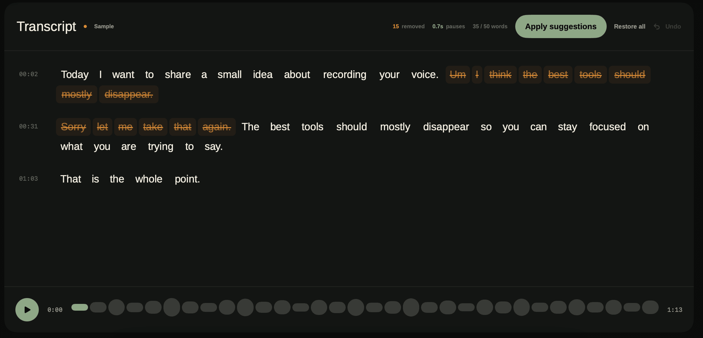 Poeditcal transcript editor showing reversible suggested word removals